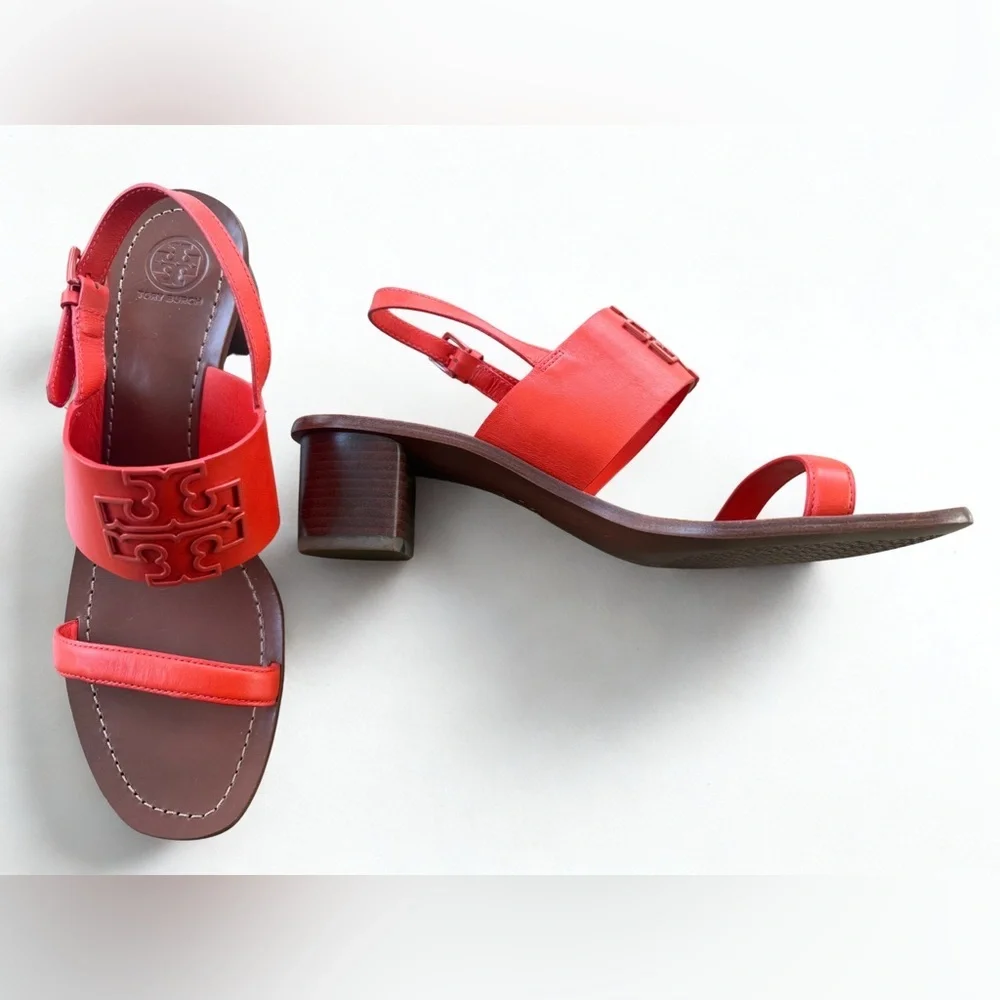 NWOB TORY BURCH Double T City Sandal Red Leather Block Heel 11M + Dust Bag - Picture 2 of 7
